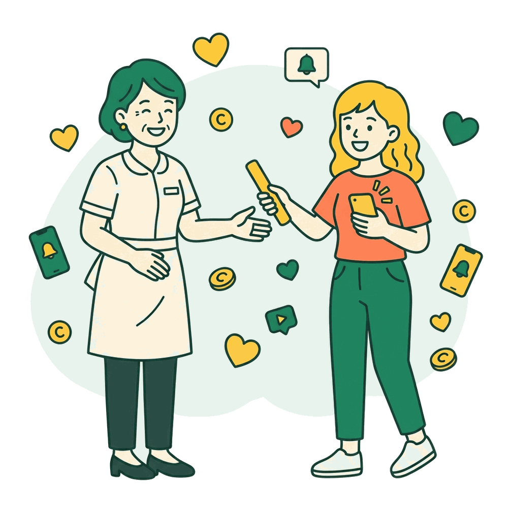 お店とパートナーが紹介のバトンをつなぐイラスト